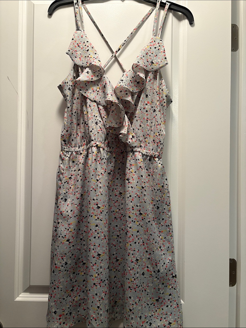 Women’s Ruffle Neck Spotted Print Dress - White/ baby blue Multi - New